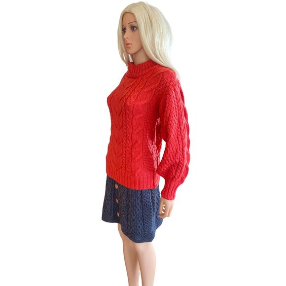 NWT Aran Woollen Mills Red Cable-knit Crew Neck Merino Sweater S Balloon Sleeves - Picture 6 of 14